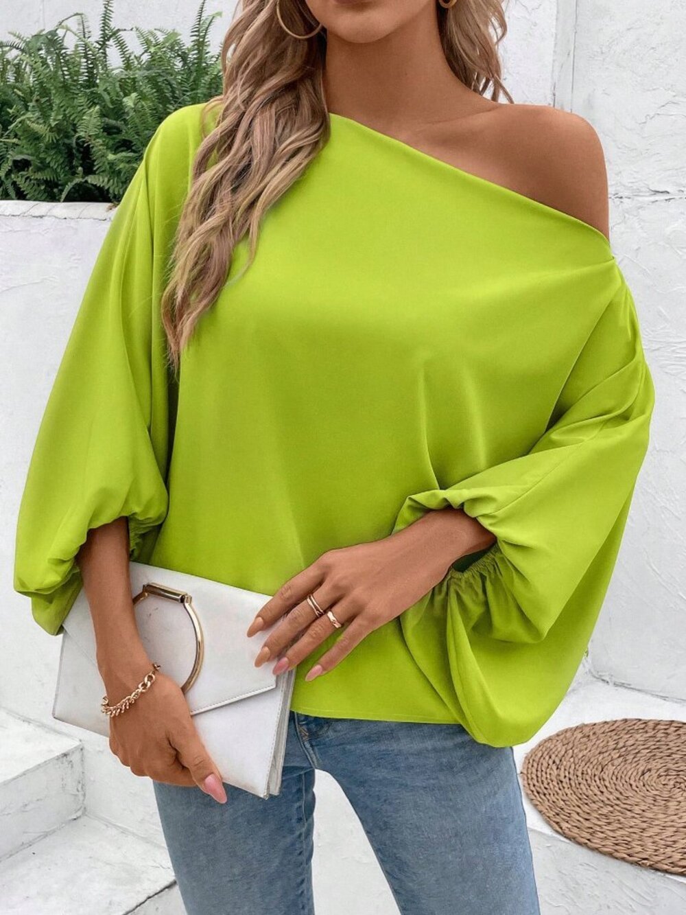 Green Casual Women's One Shoulder Batwing Sleeve Shirt With Floral Pattern - Picture 6 of 8